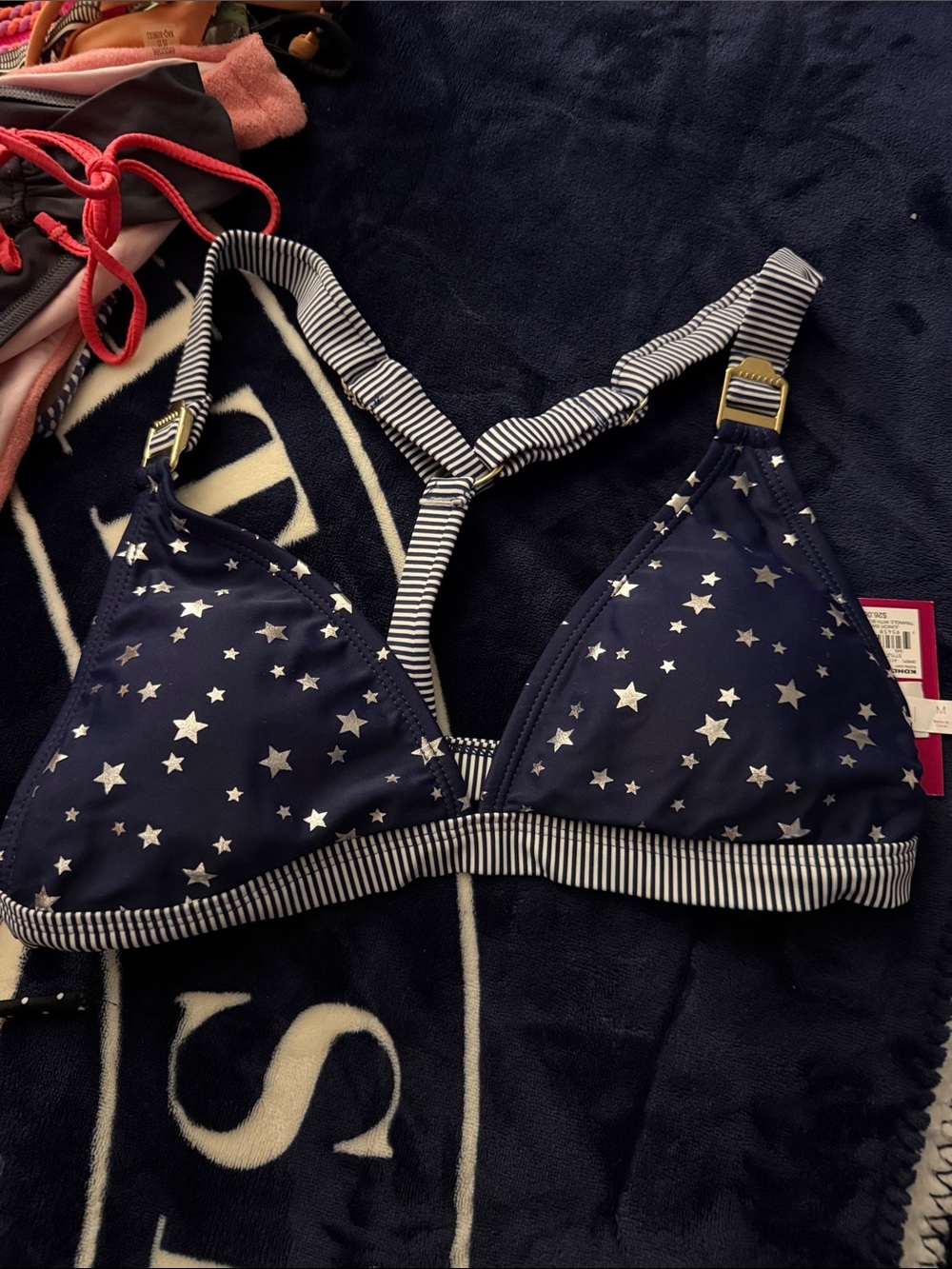 SO Navy Star-Print Triangle Bikini Top with Striped Trim
